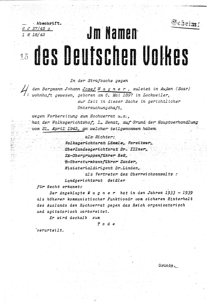 Urteil Josef Wagner, Foto: Sammlung Luitwin Bies, Stadtarchiv Völklingen